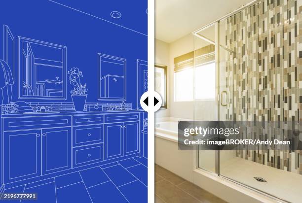 before and after slider comparing blueprint sketch drawing plans and completed custom master bathroom - before and after cleaning stock illustrations