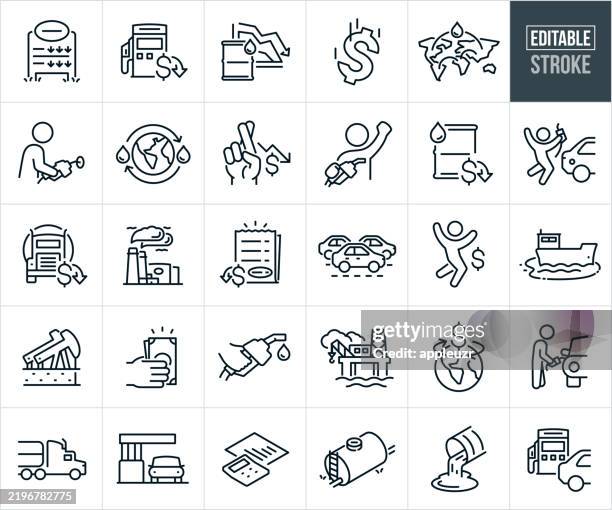low gas prices thin line icons - editable stroke - icons include a customer pumping gas, gas station, gas pump, cheap prices, low price, deflation, oil refinery, affordable gas, barrel of oil, happy customer, low cost - oil pipeline truck stock illustrations