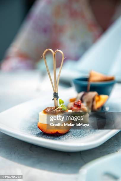 eleganter fine-dining-unterwasser-restauranttisch mit gourmet-canapés, serviert in einem luxuriösen resort-hotel auf der insel malediven unter der wasseroberfläche - schnittchen stock-fotos und bilder