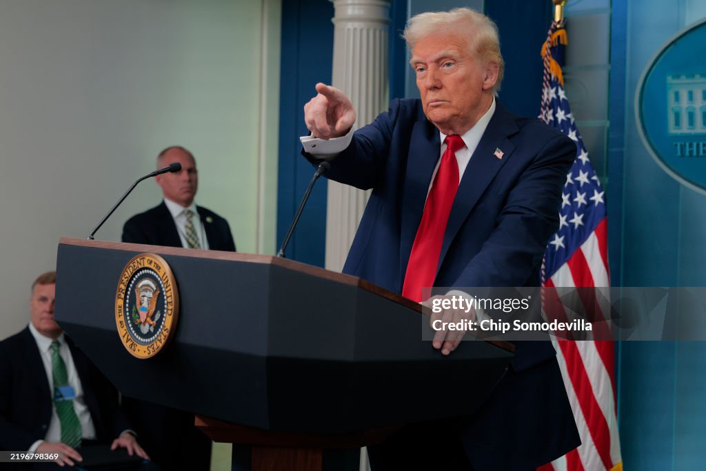 President Trump Holds Press Briefing On Crash Of American Eagle Flight 5342 And Army Helicopter