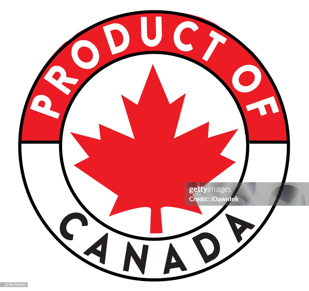 Product of Canada round label design with red maple leaf on white background