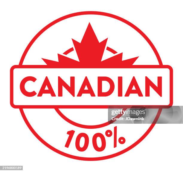 buy canadian 100% round label design with red maple leaf on white background - maple leaf stock illustrations