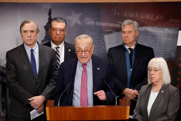 Senate Minority Leader Chuck Schumer speaks alongside democratic members of the Senate Budget Committee at the U.S. Capitol on January 30, 2025 in...