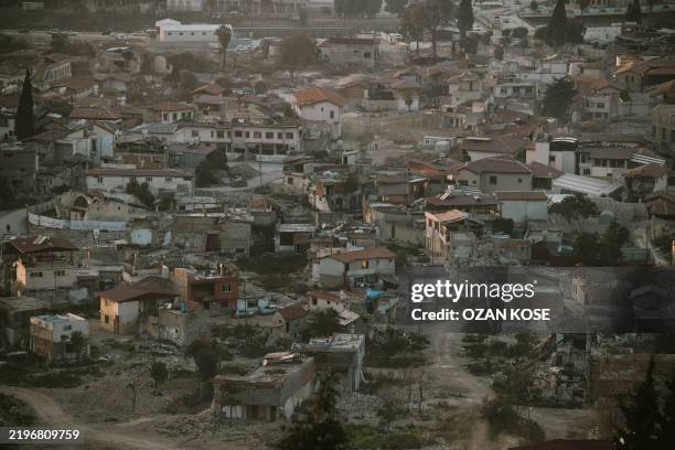 This aerial photograph shows the Old city in Antakya on January 29 on the second anniversary of the earthquake that devastated south-east Turkey and...