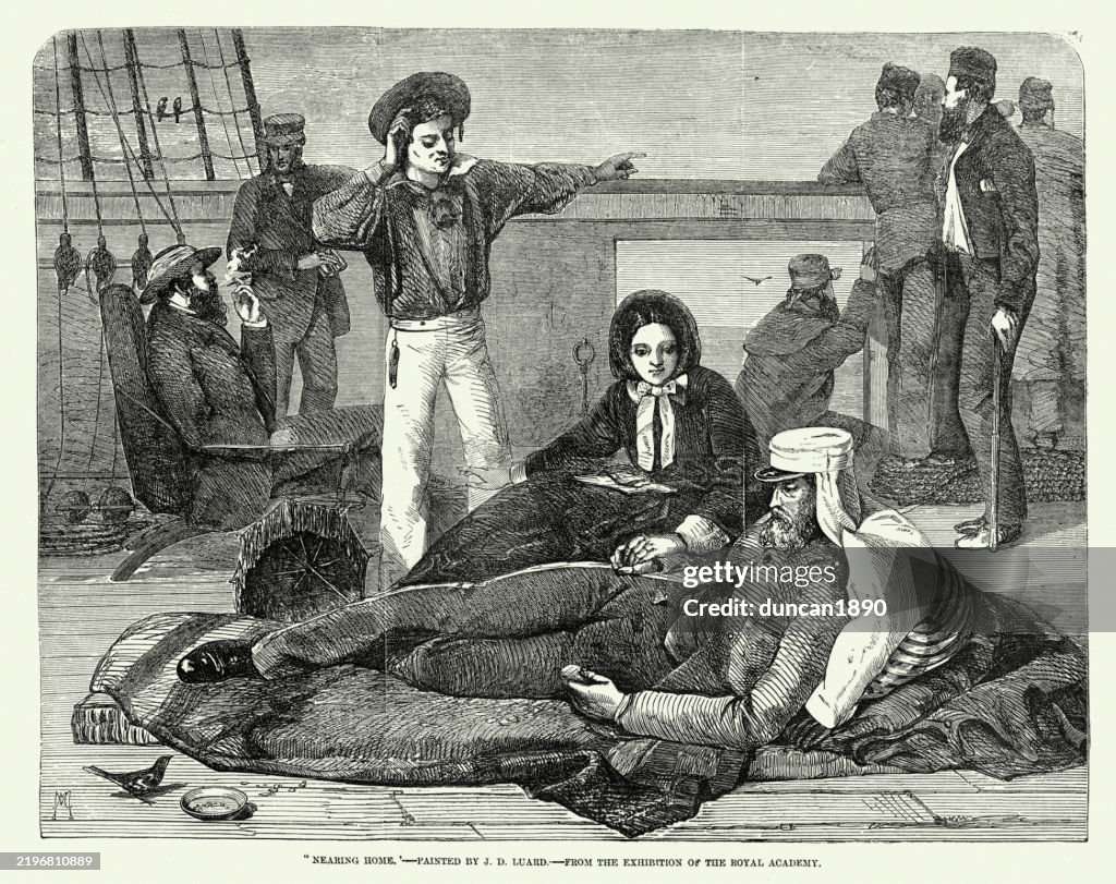 Nearing Home, Wife tending to her sick husband on deck of a sailing ship returning from the east, 1850s, 19th Century Vintage illustration