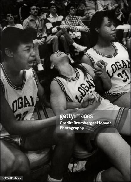 View of, from left, Kim Clark, Cheryl Namoca, and Felicia Billoups, all of the James Logan High School girls basketball team, after their loss in the...
