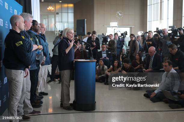 Chairman Jennifer Homendy speaks during a press conference at Reagan National Airport as the search continues at the crash site of the American...