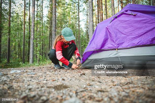 girl helps parents set up tent in forest camp - endast flickor bildbanksfoton och bilder