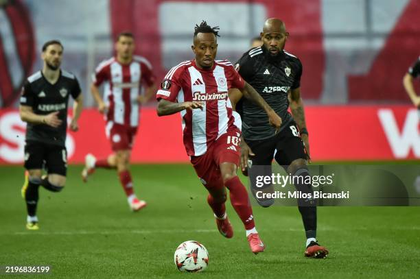 Gelson Martins of Olympiacos runs with a ball during the UEFA Europa League 2024/25 League Phase MD8 match between Olympiacos FC and Qarabag FK at...