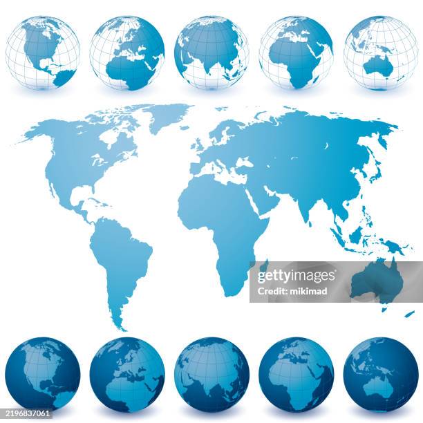 ilustraciones, imágenes clip art, dibujos animados e iconos de stock de conjunto de globos terráqueos y mapa del mundo. ilustración vectorial. eps10. - planetas