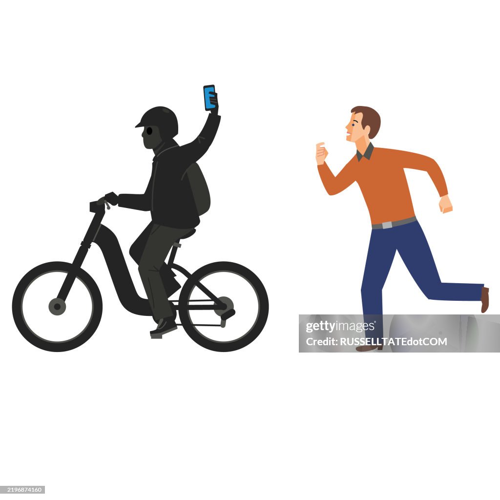 Phone Mugger on modified E-Scooter, Moped, E-Bike riding away from victim chasing him after a snatch theft robbery
