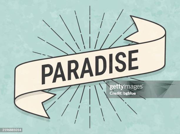 ilustraciones, imágenes clip art, dibujos animados e iconos de stock de paradise - banner de estilo retro vintage - papel texturizado antiguo - pancarta