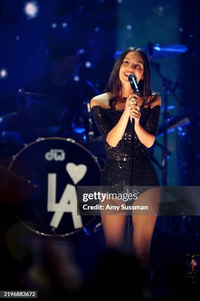 Olivia Rodrigo performs onstage during the FIREAID Benefit Concert for California Fire Relief at Intuit Dome on January 30, 2025 in Inglewood,...