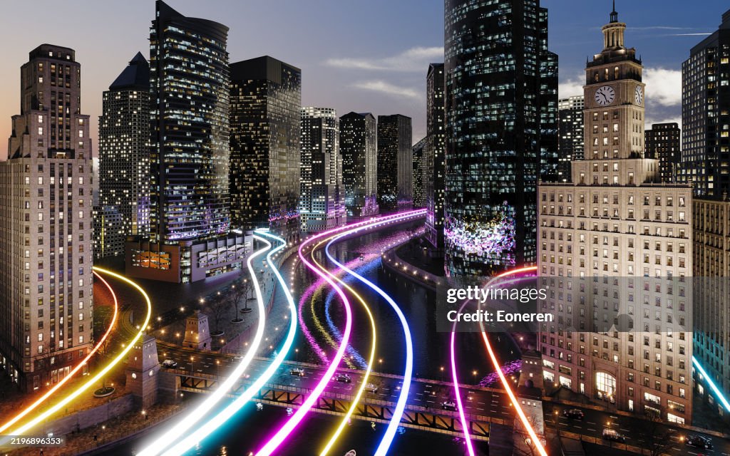 Smart city with glowing light trails