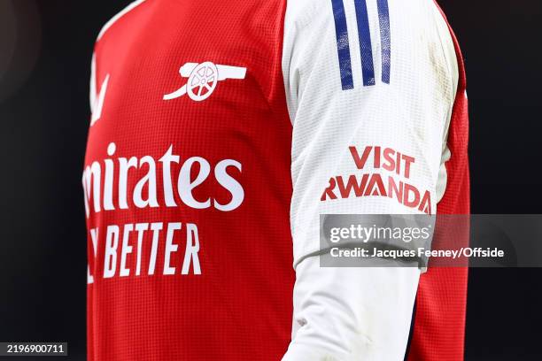 The Visit Rwanda sponsor on the Arsenal kit sleeve during the Premier League match between Arsenal FC and Manchester City FC at Emirates Stadium on...