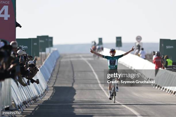 Tom Pidcock of The United Kingdom and Q36.5 Pro Cycling Team - Green Leader Jersey celebrates at finish line as stage winner during the 5th AlUla...