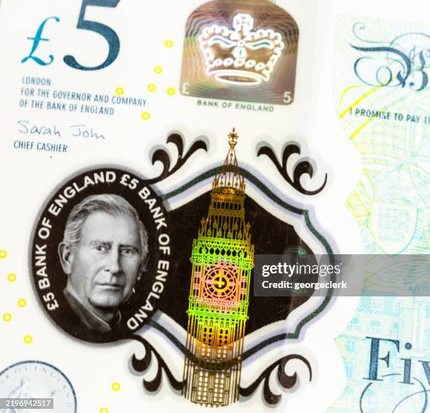 king charles watermark on five pound note - pound sterling symbol stock pictures, royalty-free photos & images