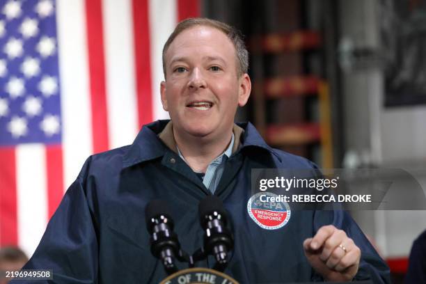 Administrator Lee Zeldin speaks as US Vice President JD Vance visits the East Palestine Fire Department in East Palestine, Ohio, on February 3, 2025....