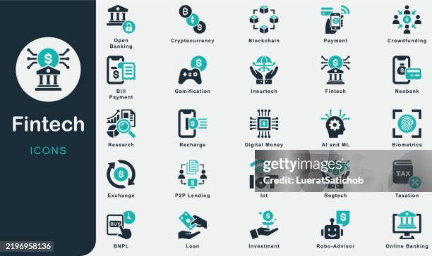 fintech solid icons collection.containing blockchain, finacial, payment, iot, research, money, exchange, transaction, digital money, online banking, investment, crowdfunding, p2p lending, neobank, loan - insurance technology stock illustrations