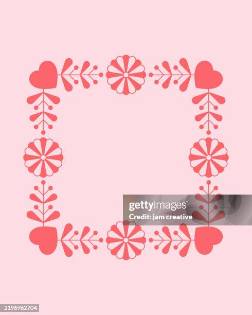 heart symbol vintage-inspired frame with hippie flower blossoms on pink background with copy space - loving memory stock illustrations