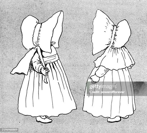two little girls wearing large poke bonnets - 19th century - sister face to face stock illustrations
