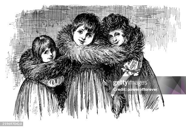 three sisters sharing a feather boa - 19th century - siblings sharing stock illustrations