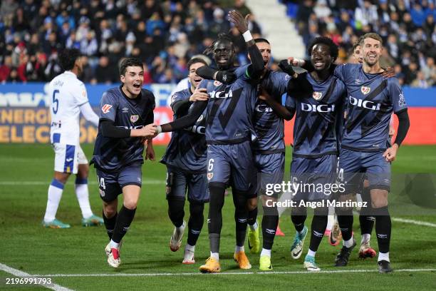 Pathe Ciss of Rayo Vallecano celebrates with team mates after scoring the team's first goal during the LaLiga match between CD Leganes and Rayo...