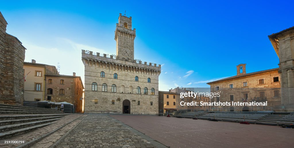 Medieval Town Hall ("Palazzo Comunale") and "Piazza Grande" of Montepulciano in Siena, Tuscany, Italy, a UNESCO heritage site