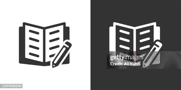 writing book glyph solid icon. black and white icon series. perfect pixel isolated on white and black background - human machine interface stock illustrations