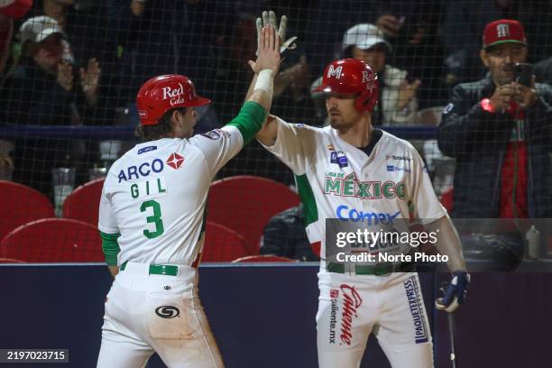 Mateo Gil of Mexico reacts after scoring a run in the first inning during the game between Puerto Rico and Mexico as part of the Serie Del Caribe...