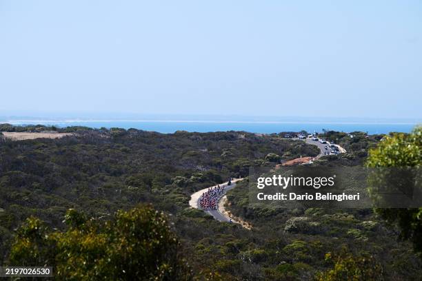 General view of the peloton passing through a Bells Beach landscape during the 9th Cadel Evans Great Ocean Road Race 2025, Women's Elite a 141.8km...