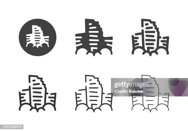 building collapse icons - multi series - destroyed city street stock illustrations