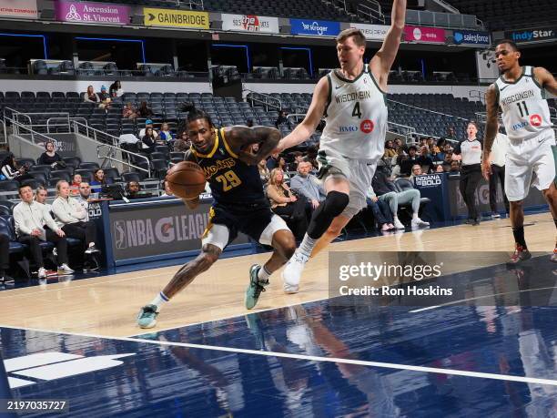 Quentin Jackson of the Indiana Mad Ants drives the baseline against the Wisconsin Herd on February 3, 2025 at Gainbridge Fieldhouse in Indianapolis,...