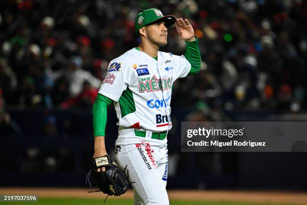 Adrian Gusman of Mexico reacts during the game between Puerto Rico and Mexico as part of the Serie Del Caribe 2025 at Estadio El Nido De Los Aguila...