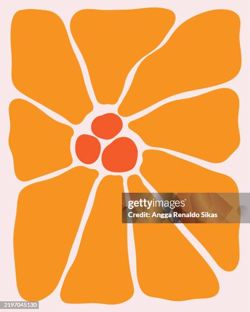 groovy daisy flower with wavy petals graphics for poster, t shirt, cards and various print products - orange flower stock illustrations