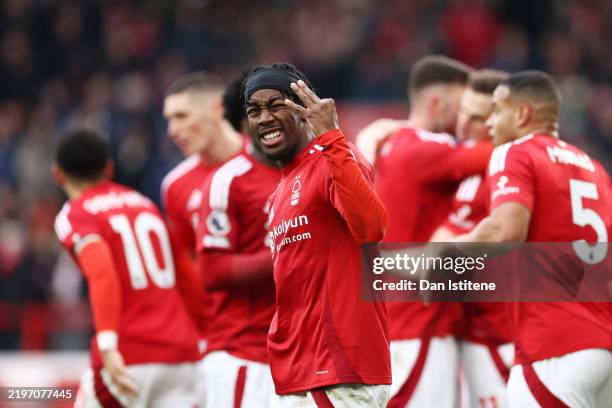 Anthony Elanga celebrates after Chris Wood of Nottingham Forest scored their sides fourth goal during the Premier League match between Nottingham...