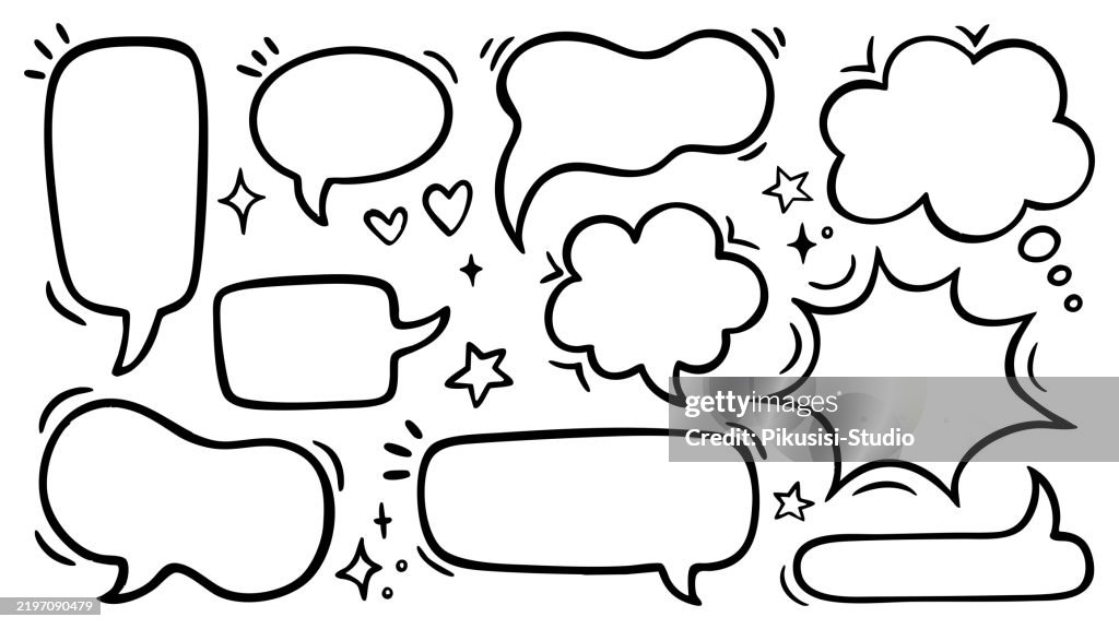 白い背景に手描きのコミックスタイルの吹き出しのセット。