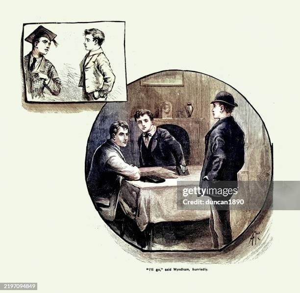 english public school boys, victorian, 1880s, 19th century vintage illustration - boarding school stock illustrations