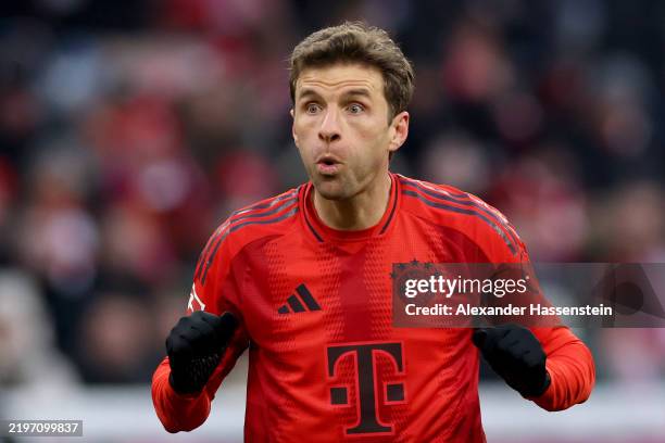 Thomas Müller of FC Bayern München reacts during the Bundesliga match between FC Bayern München and Holstein Kiel at Allianz Arena on February 01,...