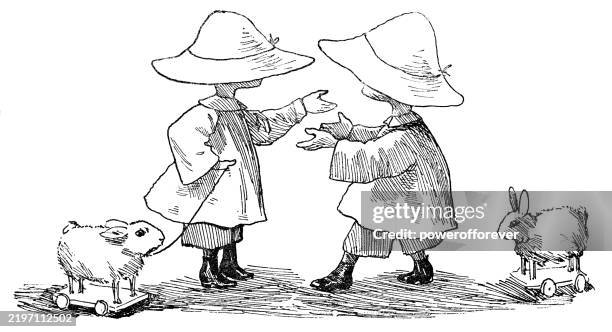 boys playing with rabbit pull toys - 19th century - pull a rabbit out of the hat stock illustrations