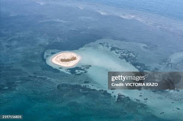 Aerial view of Salmedina island at the Gulf of Mexico in Alvarado, Veracruz state, Mexico on February 3, 2025. For years, as disputes over names on...