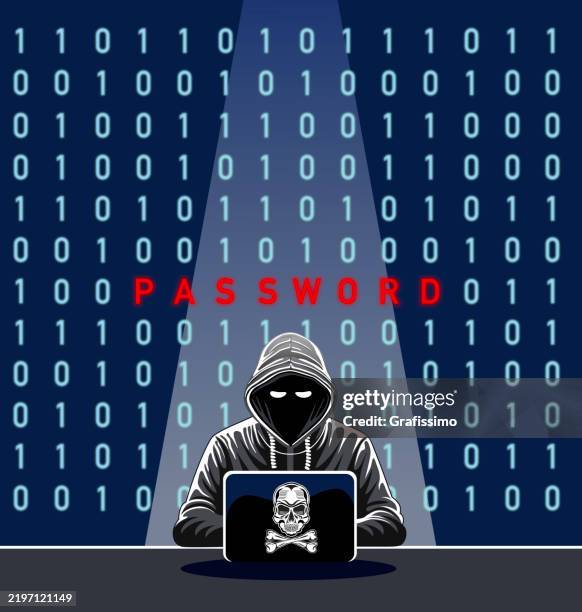 data thief bots stealing password information from laptop at night with binary code as background - man computer night stock illustrations