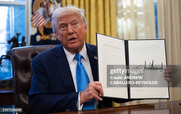 President Donald Trump shows an executive order withdrawing his country from a number of United Nations bodies in the Oval Office of the White House...