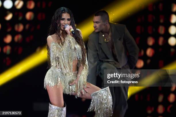 Eurovision Spanish candidate Daniela Blasco performs on stage during the final of Benidorm Fest 2025 at Palacio de Deportes L'Illa on February 01,...