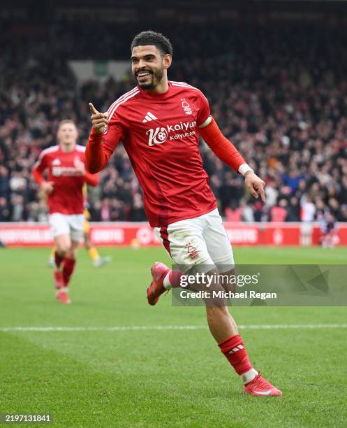 Morgan Gibbs-White of Nottingham Forest celebrates scoring his team's second goal during the Premier League match between Nottingham Forest FC and...