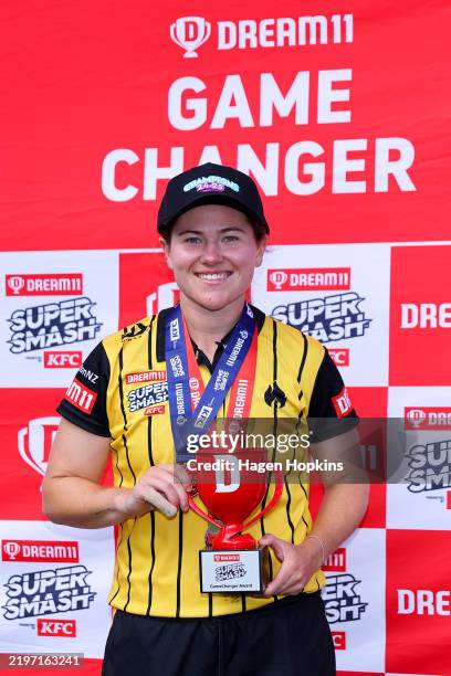Hannah Darlington of the Blaze poses with the Game Changer award during the Super Smash Women's Final match between Otago Sparks and Wellington Blaze...