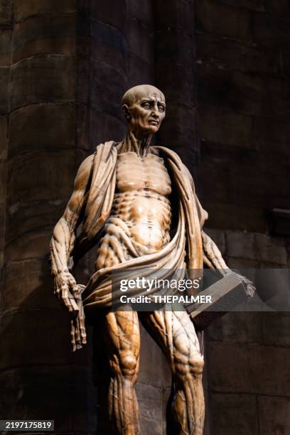 dramatic sculpture of saint bartholomew – anatomical masterpiece - fine art statue stock pictures, royalty-free photos & images