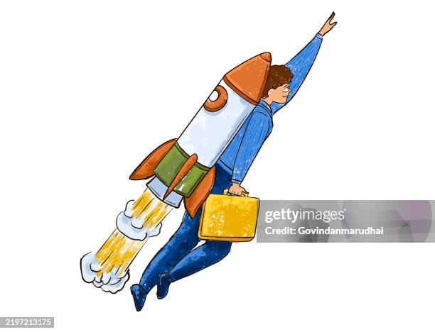 business concept, man flying with the rocket. - startup stock illustrations
