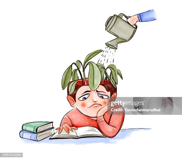 helping with new ideas, growth mindset or knowledge transfer concept, cheerful man from teacher head watering student seedling, teaching and learning to develop new skill or wisdom, inspiration or advice to achieve success. - trigger stock illustrations