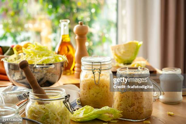 homemade sauerkraut in glass jars and fresly shredded cabbage on kitchen table - probiótico imagens e fotografias de stock
